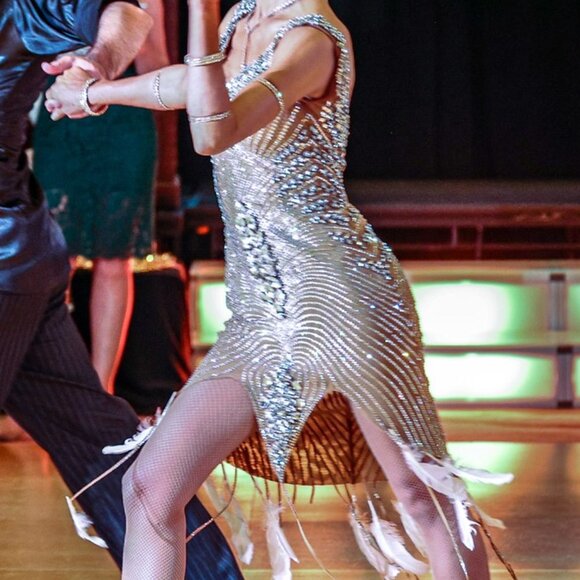 Ballroom Latin Rhythm competition dance dress Silver crystal with feathers - Picture 1 of 14